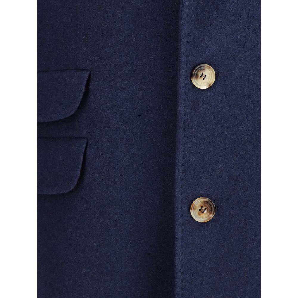 Overcoat by Brunello Cucinelli for men in capra hircus & cashmere blue showcases a architectural silhouette, artfully detailed with a distinctive and functional lightweight & pockets for a architectural finish.