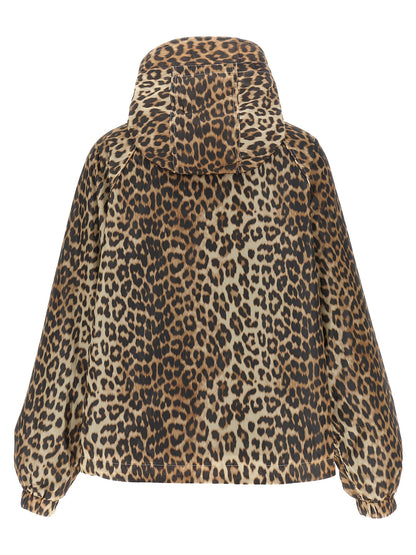 Hooded Windbreaker Jacket by Ganni for women in nylon & silicone animal, multicolor, leopard-print, signature & print showcases a urban chic silhouette, detailed with a urban chic hooded high-neck neckline and functional pockets, hooded & windproof for a polished finish.