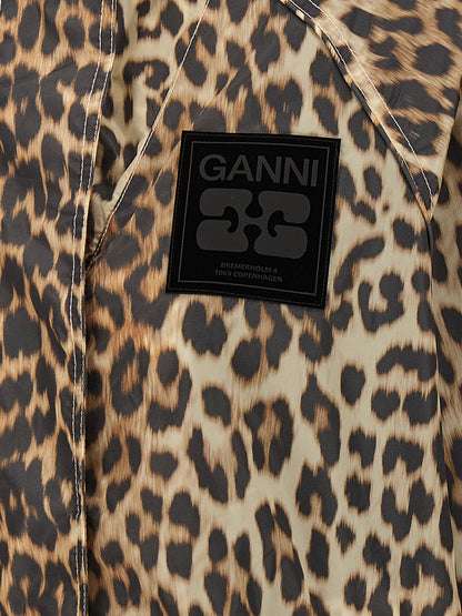 Hooded Windbreaker Jacket by Ganni for women in nylon & silicone animal, multicolor, leopard-print, signature & print showcases a urban chic silhouette, detailed with a urban chic and functional pockets, hooded & windproof for a polished finish.
