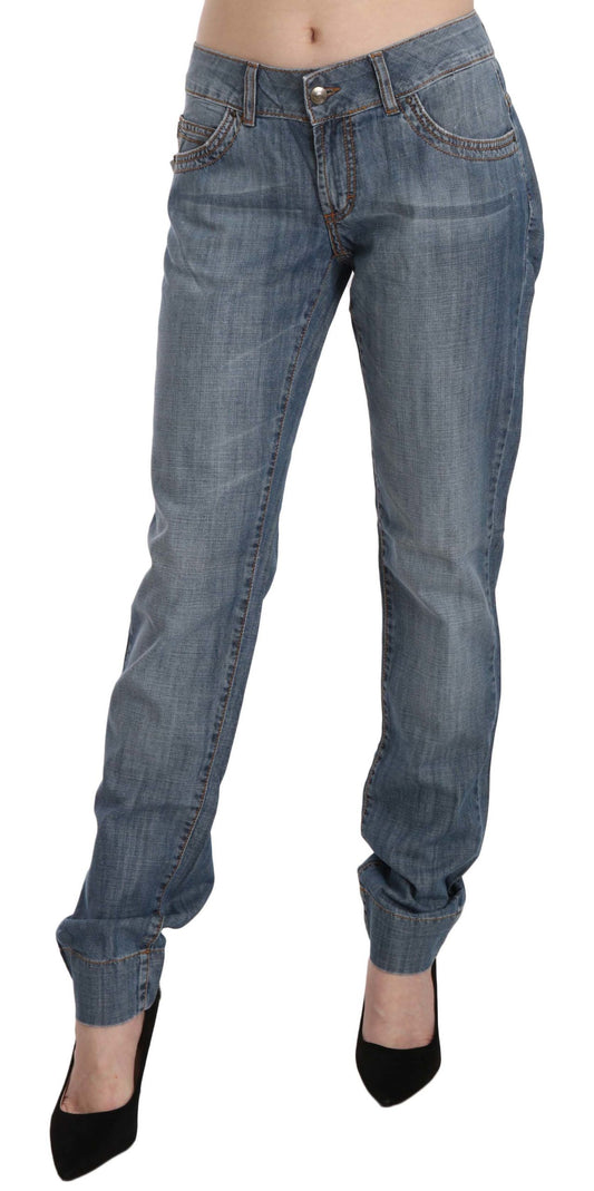 Just Cavalli Ladies Blue Washed Cotton Low Waist Slim Fit Denim Pants