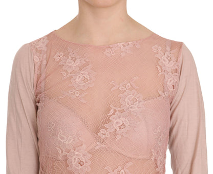 Pink Lace See Through Long Sleeve Top Blouse