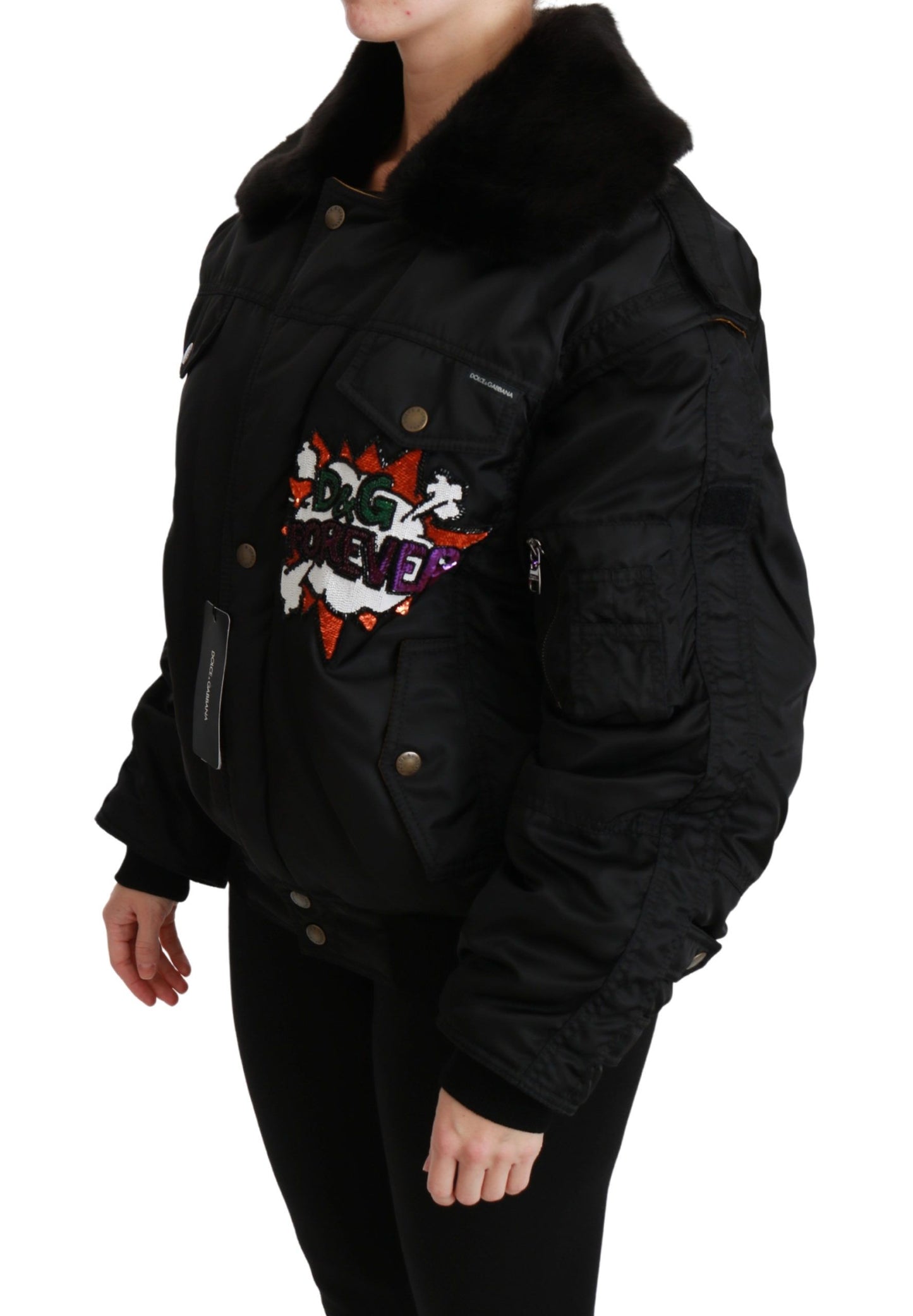 Dolce & Gabbana Women's Elegant Black Bomber Jacket with Detachable Features