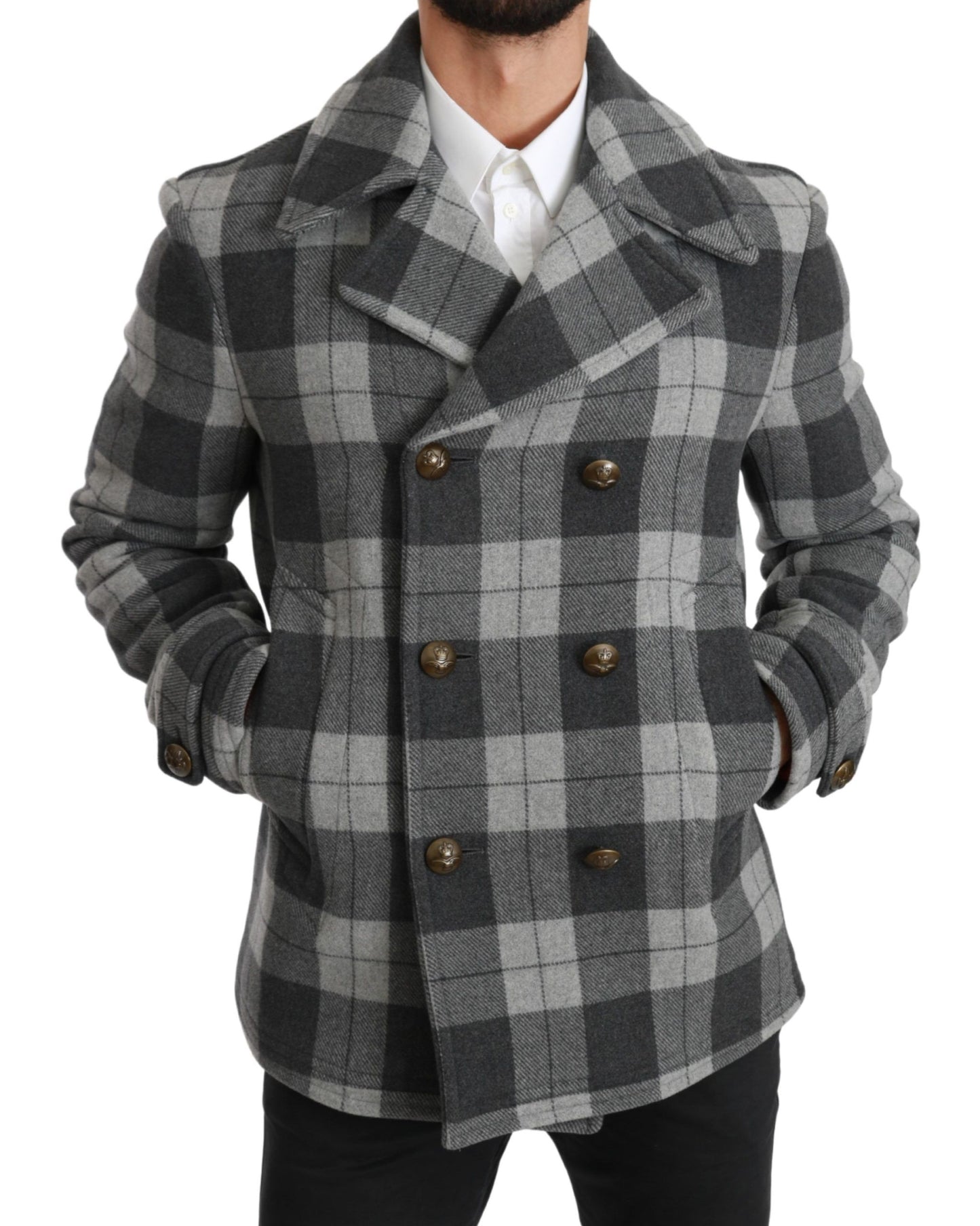 Dolce & Gabbana Men's Elegant Gray Check Double Breasted Coat