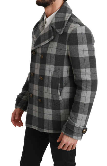 Dolce & Gabbana Men's Elegant Gray Check Double Breasted Coat