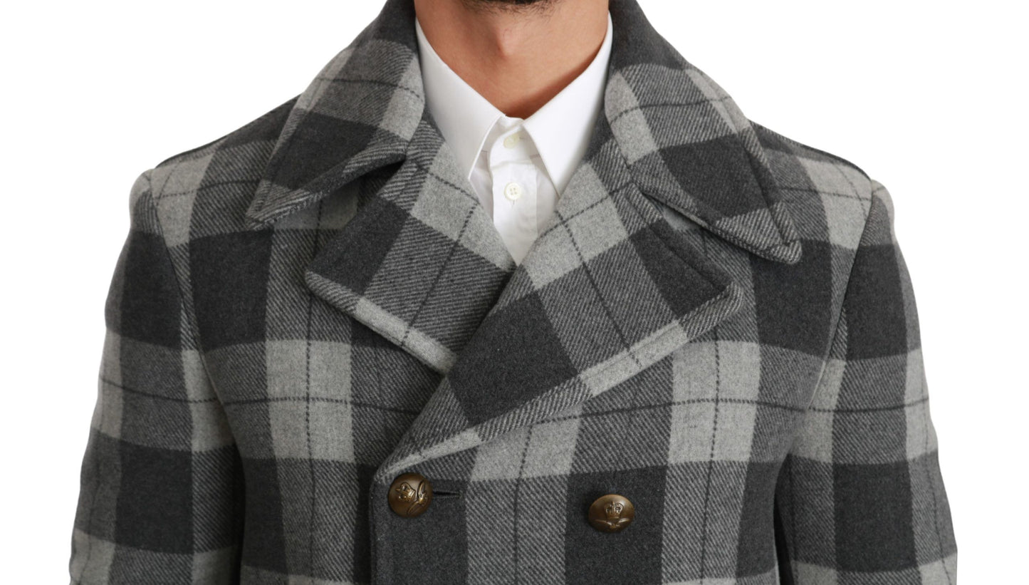 Dolce & Gabbana Men's Elegant Gray Check Double Breasted Coat