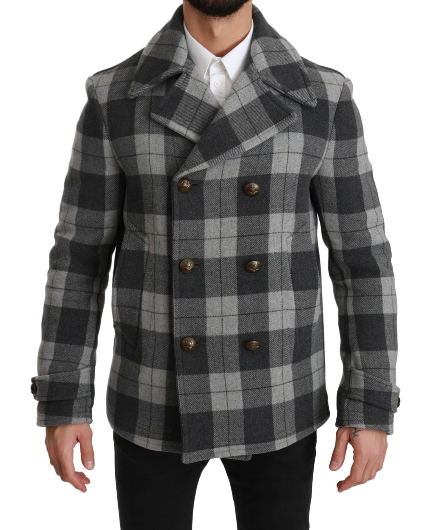 Dolce & Gabbana Men's Elegant Gray Check Double Breasted Coat