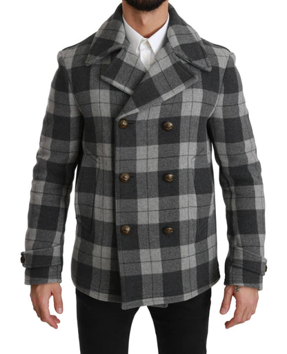 Dolce & Gabbana Men's Elegant Gray Check Double Breasted Coat