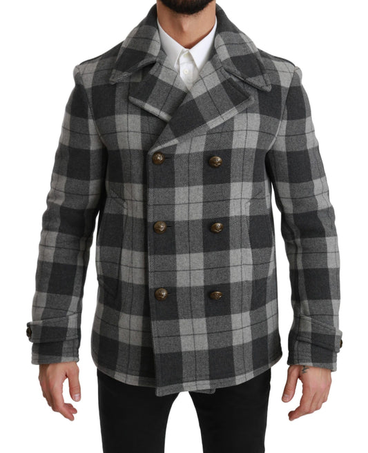 Dolce & Gabbana Men's Elegant Gray Check Double Breasted Coat