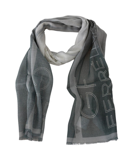 GF Ferre Grey Wool Viscose Foulard Patterned Branded Scarf