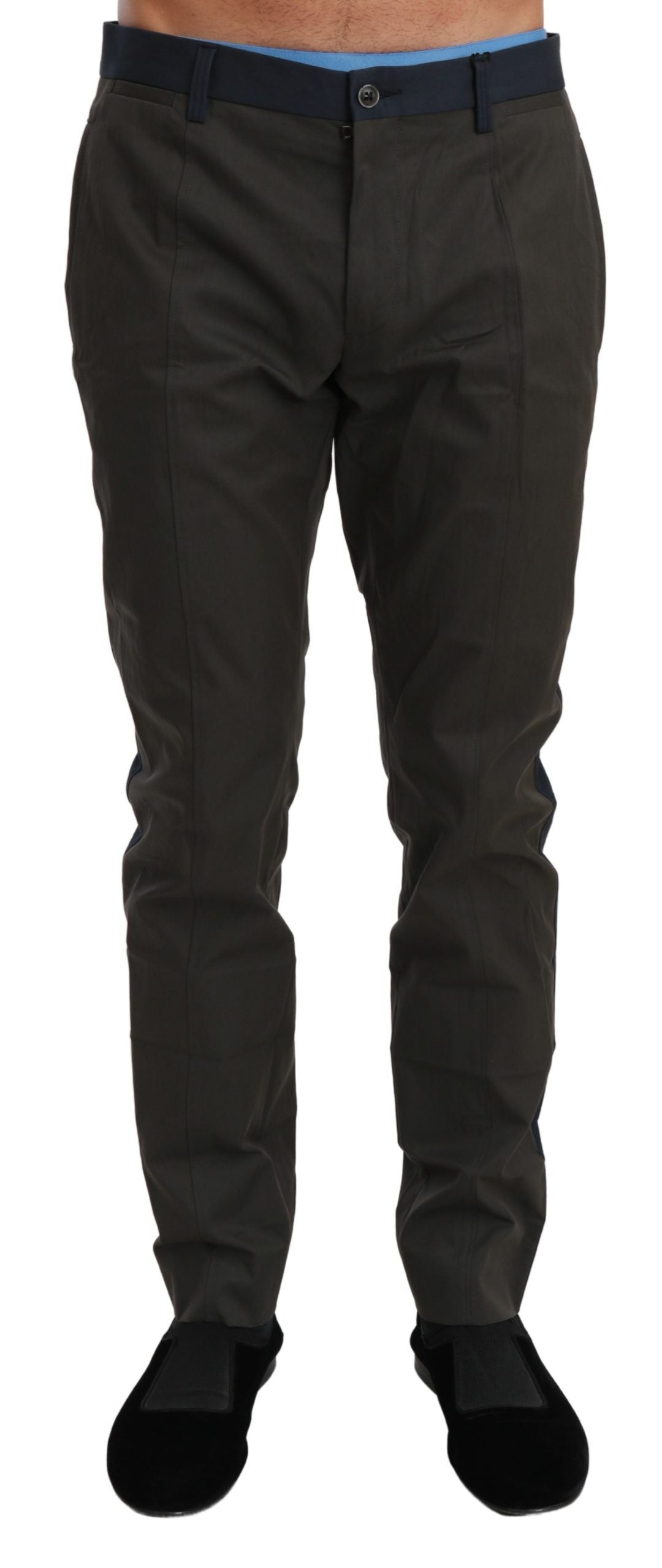 Pants by Dolce & Gabbana for men in nylon cotton blue, gray & striped showcases a unrivaled comfort silhouette, featuring a slim cut and long with a for a unrivaled comfort and refined aesthetic.