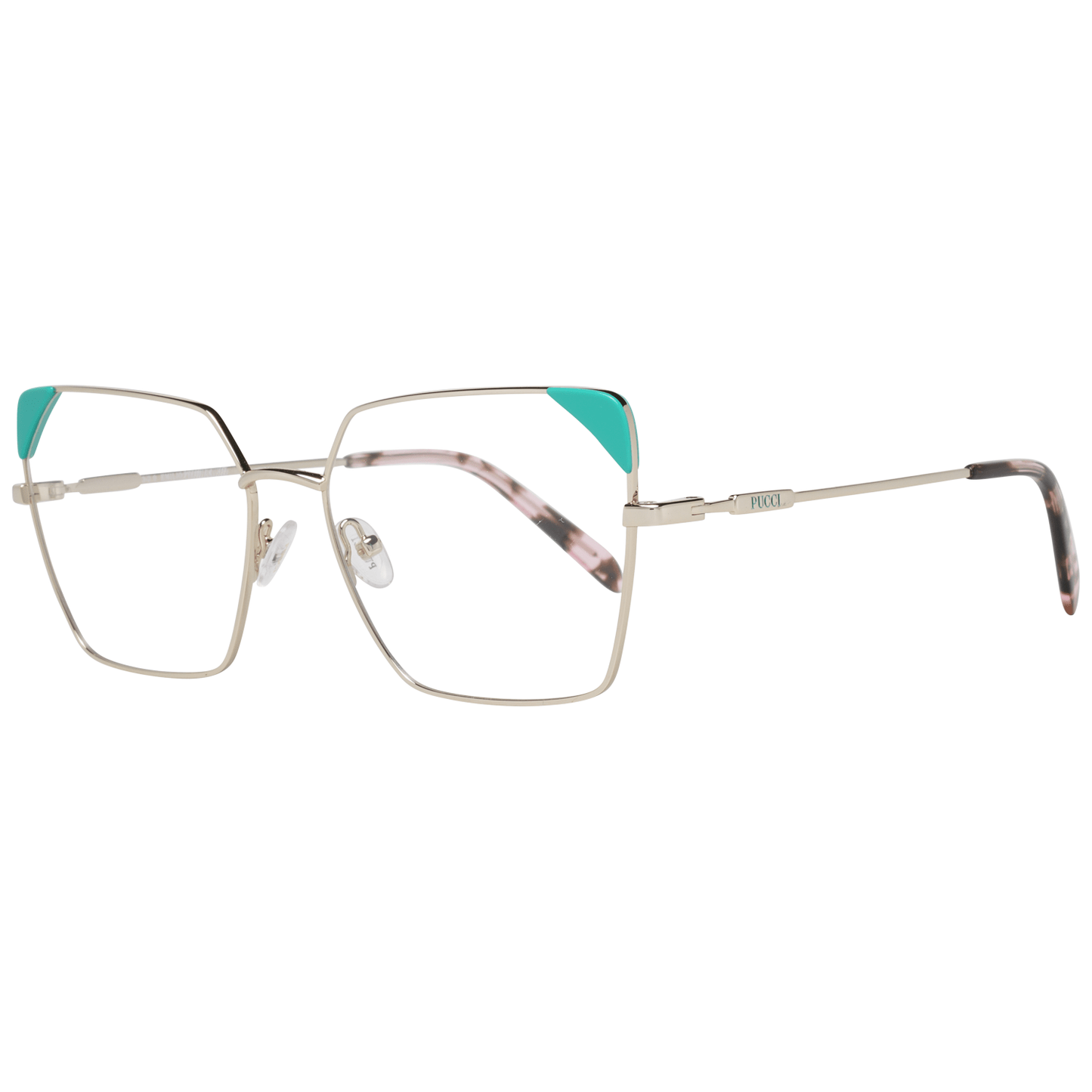 Eyeglasses Frames by Emilio Pucci for women in metal and gold showcases a refined silhouette, detailed with a gold coloured frame finish and a sophisticated full-frame frame design.