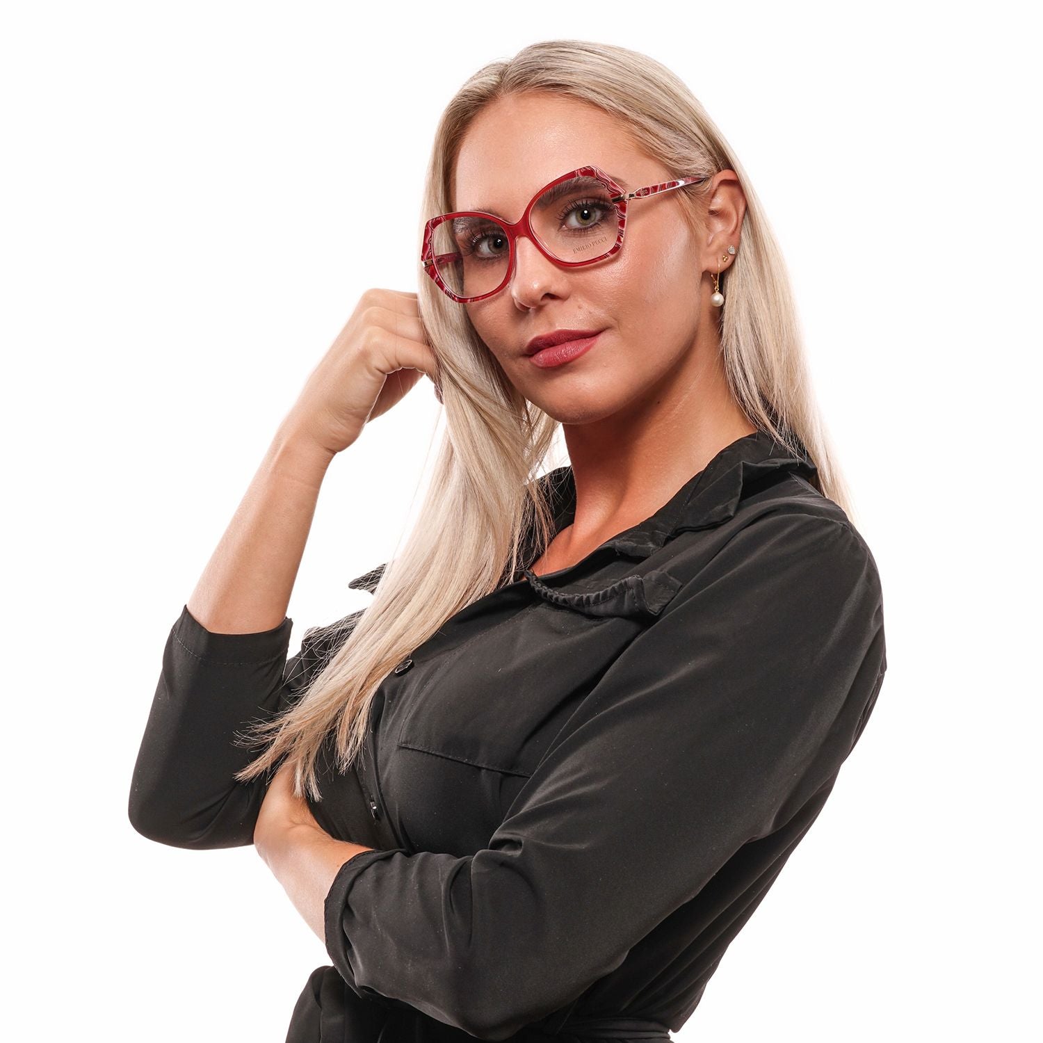 Eyeglasses Frames by Emilio Pucci for women in polyester polyethylene faux leather red showcases a reflective silhouette, artfully incorporating a sophisticated red coloured frame with a distinct full-frame frame design.