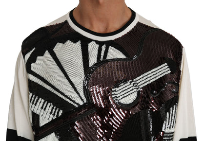 White Jazz Sequined Guitar Pullover Top Sweater