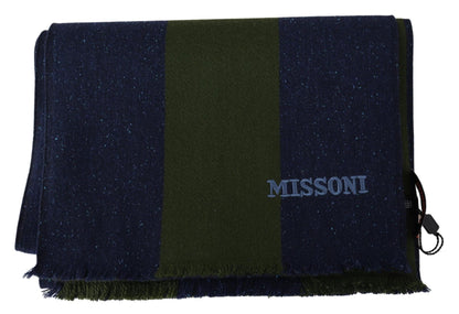 Missoni Green Striped Wool Unisex Neck Wrap Shawl Blue
