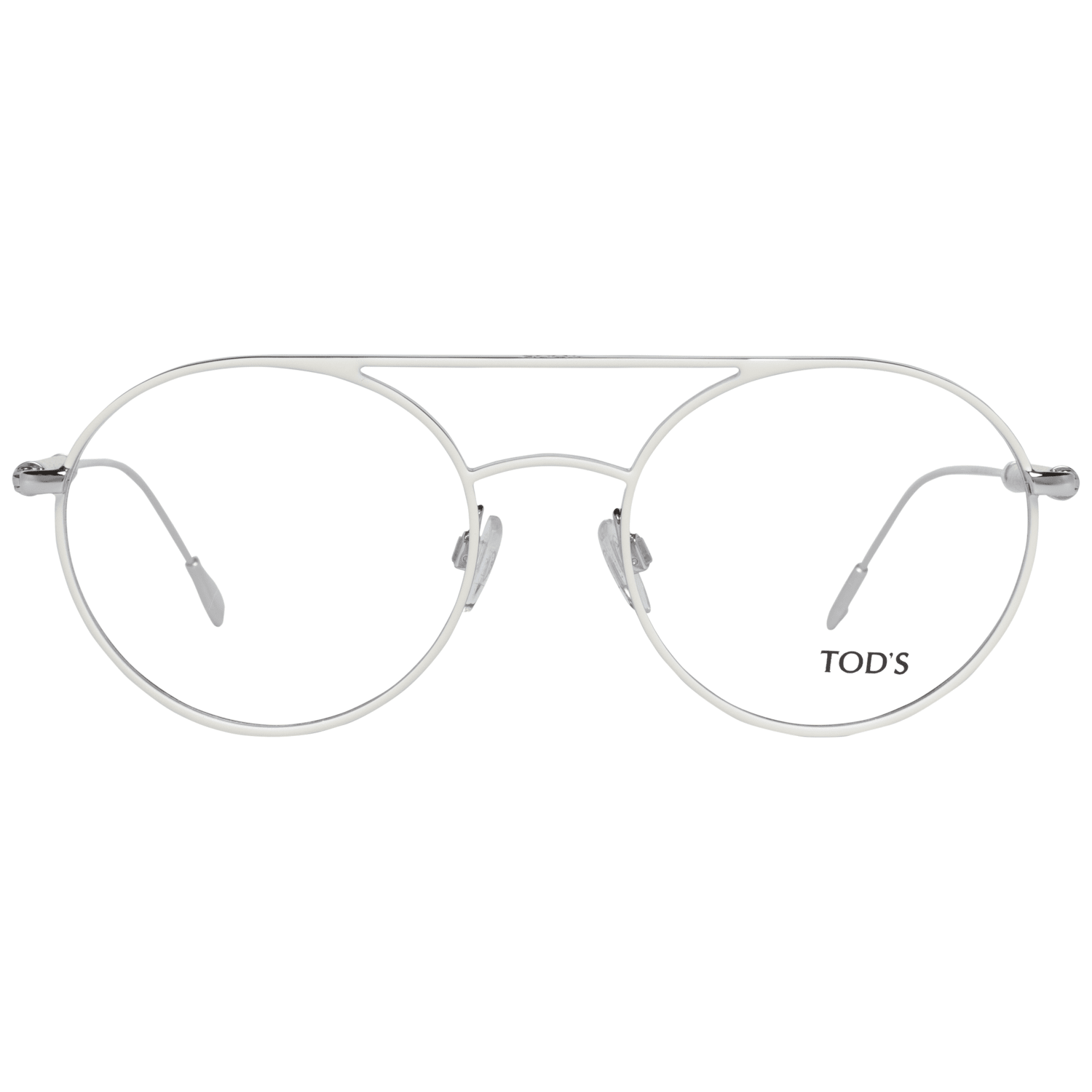 Eyeglasses Frames by Tod's for women in white showcases a reflective silhouette, artfully incorporating a sophisticated white coloured frame with a distinct full-frame frame design.