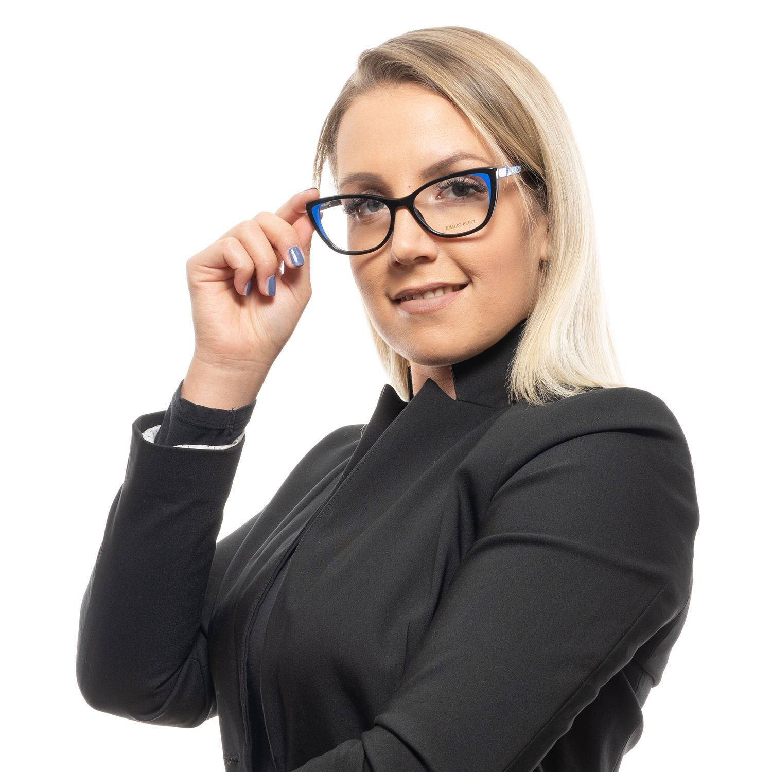 Eyeglasses Frames by Emilio Pucci for women in black showcases a reflective silhouette, artfully incorporating a sophisticated black coloured frame with a distinct full-frame frame design.