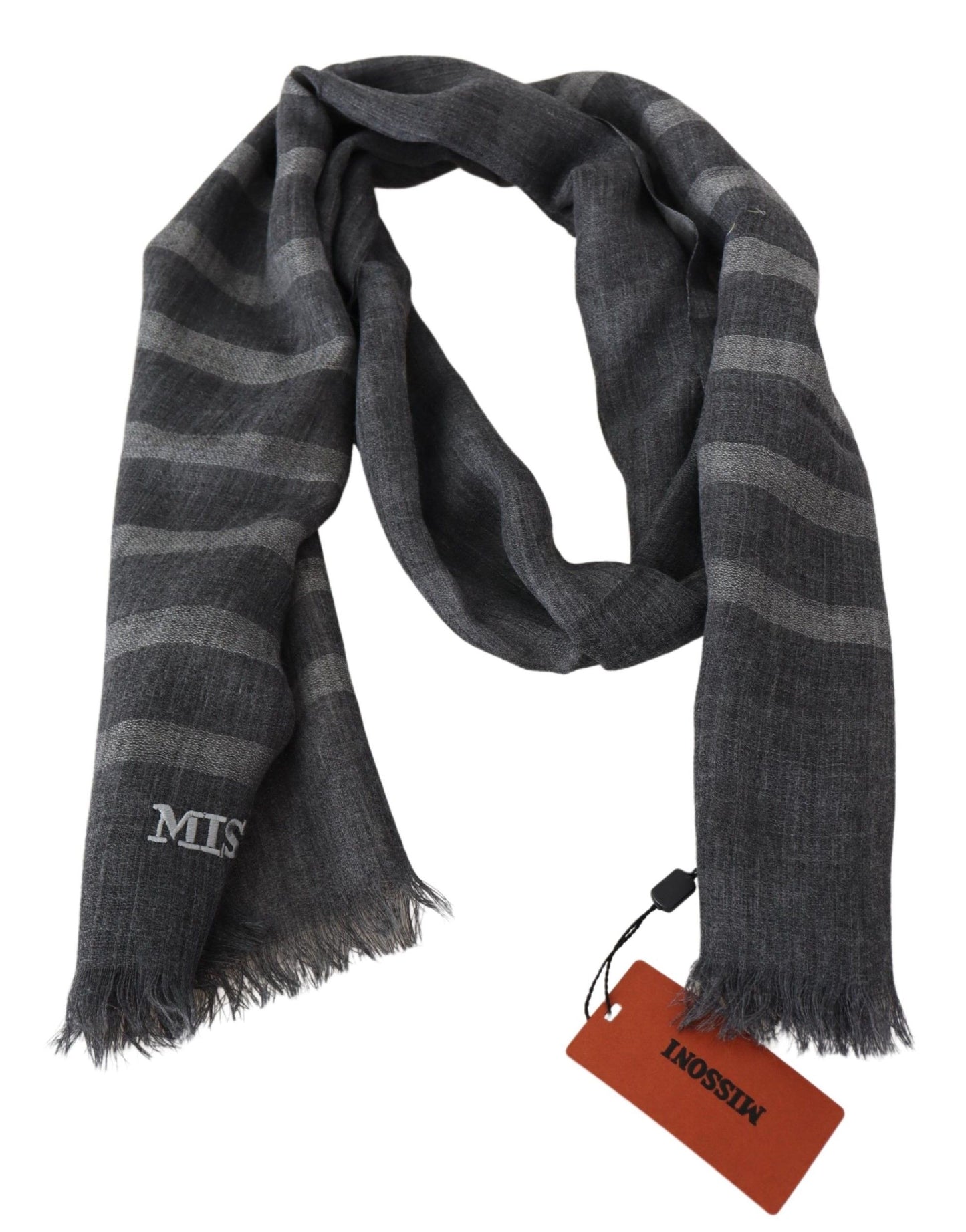 Missoni Grey Striped Wool Unisex Neck Wrap Fringes Scarf