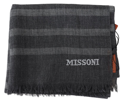 Missoni Grey Striped Wool Unisex Neck Wrap Fringes Scarf
