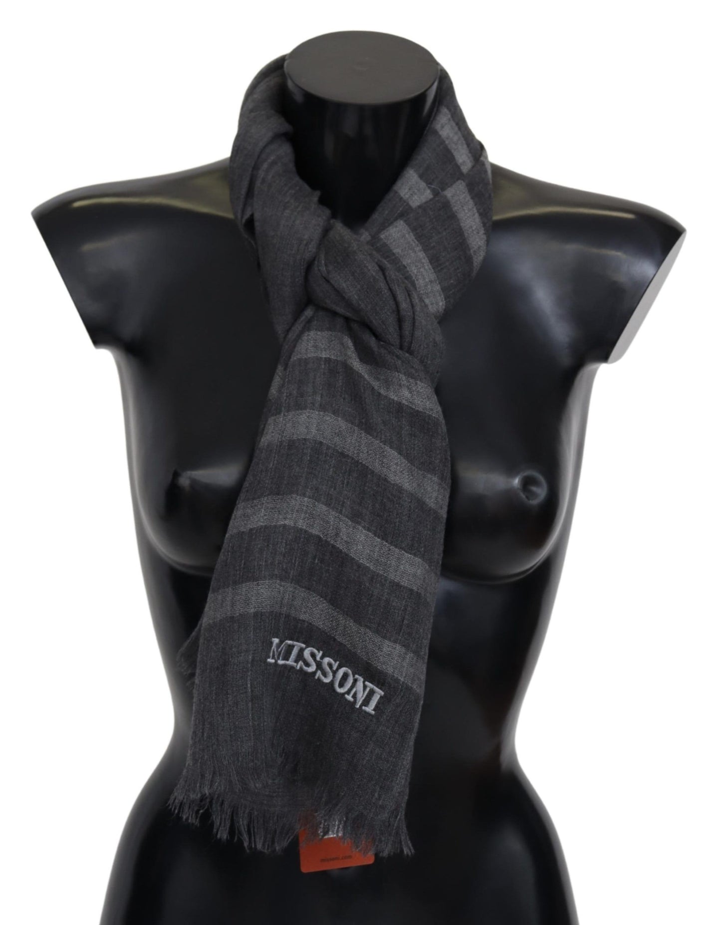Missoni Grey Striped Wool Unisex Neck Wrap Fringes Scarf