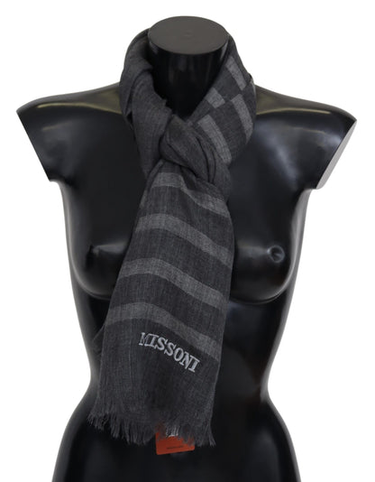 Missoni Grey Striped Wool Unisex Neck Wrap Fringes Scarf