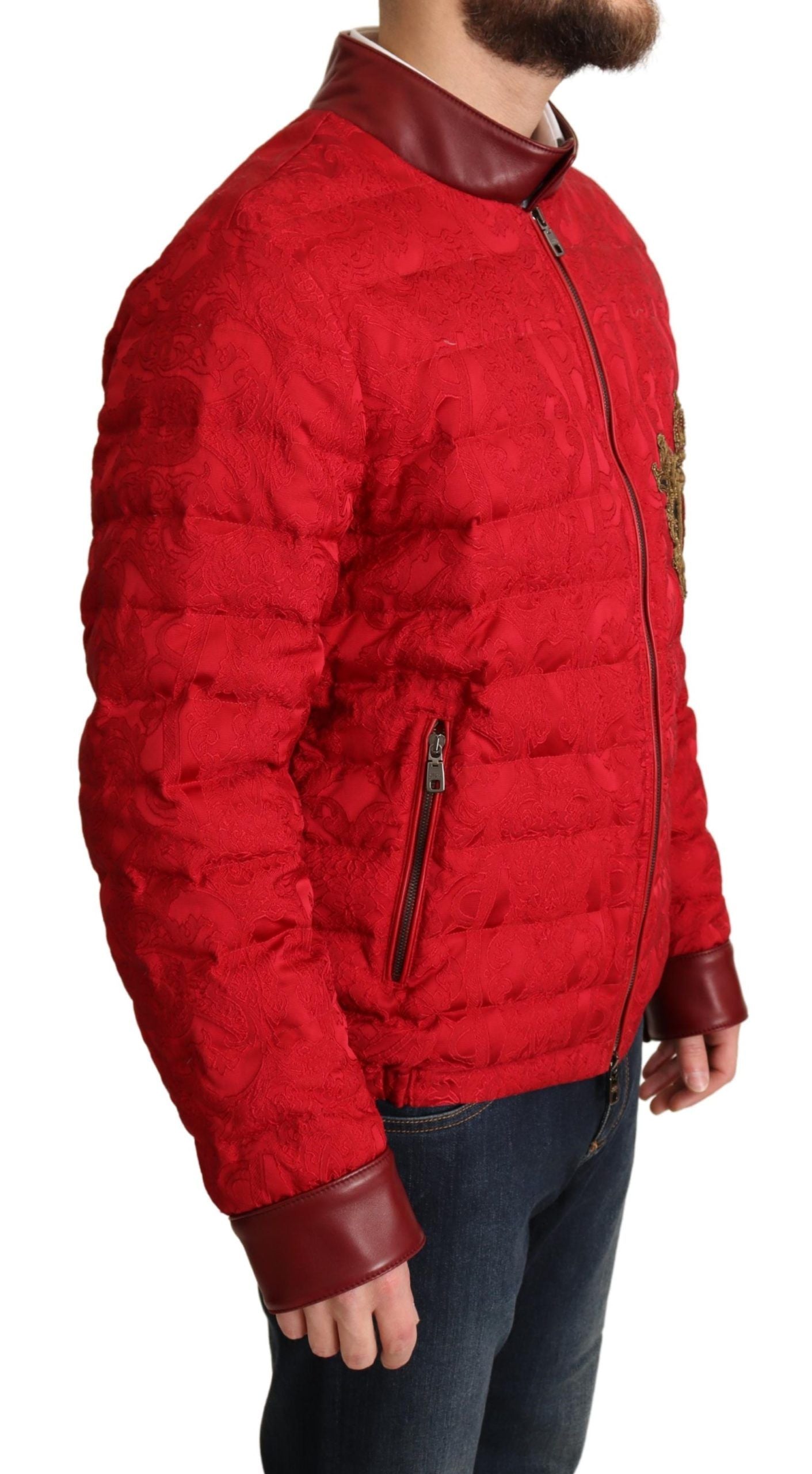 DG Red Brocade Bomber Gold Crown Logo Coat Jacket