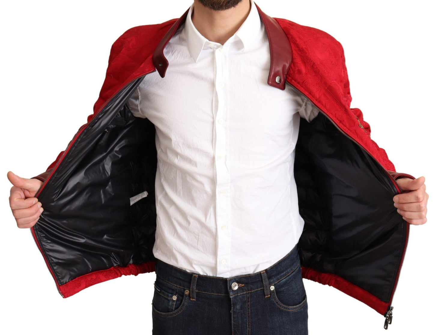 DG Red Brocade Bomber Gold Crown Logo Coat Jacket