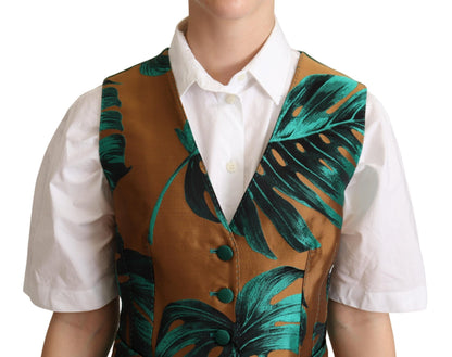 Elegant Green Leaf Print Waistcoat