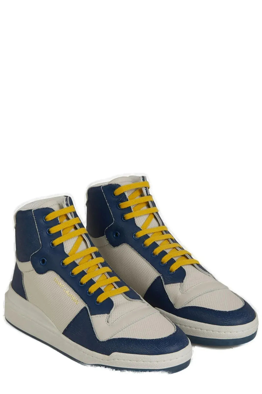 Sneakers by Saint Laurent for men in calf leather & rubber blue & print features an fashionable silhouette, showcasing the premium Men's Mid Top Calf Leather & Rubber Sneakers in a fashionable mid-top style that offers a fashionable finish for refined style.