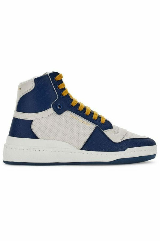 Sneakers by Saint Laurent for men in calf leather & rubber blue & print presents a on trend silhouette from the Men's Mid Top Calf Leather & Rubber Sneakers collection, showcasing a on trend mid-top style for an elevated aesthetic.