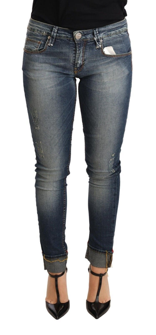 Blue Washed Cotton Low Waist Skinny Denim Women Trouser Jeans
