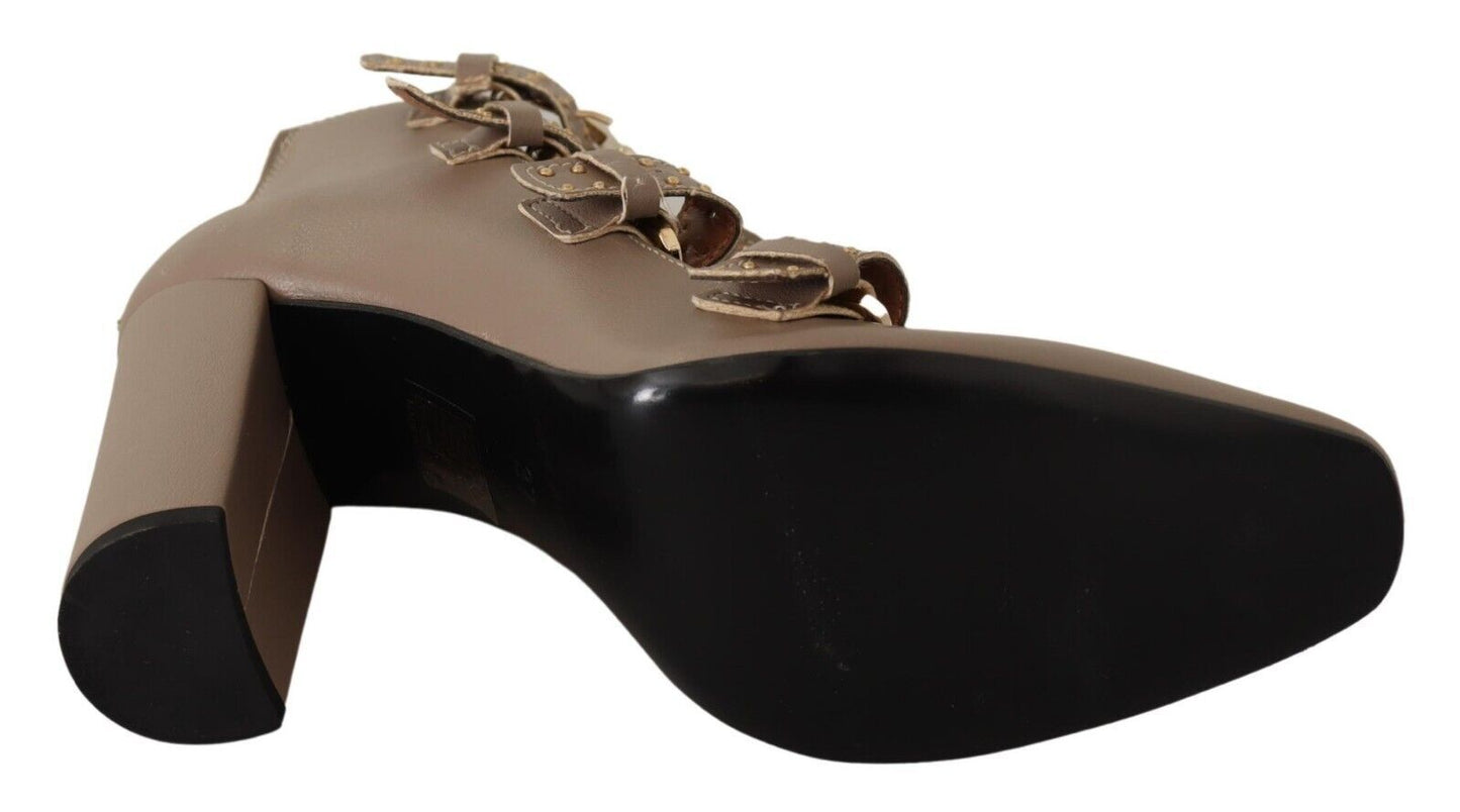 My Twin Brown Leather Block Heels Multi Buckle Pumps Shoes
