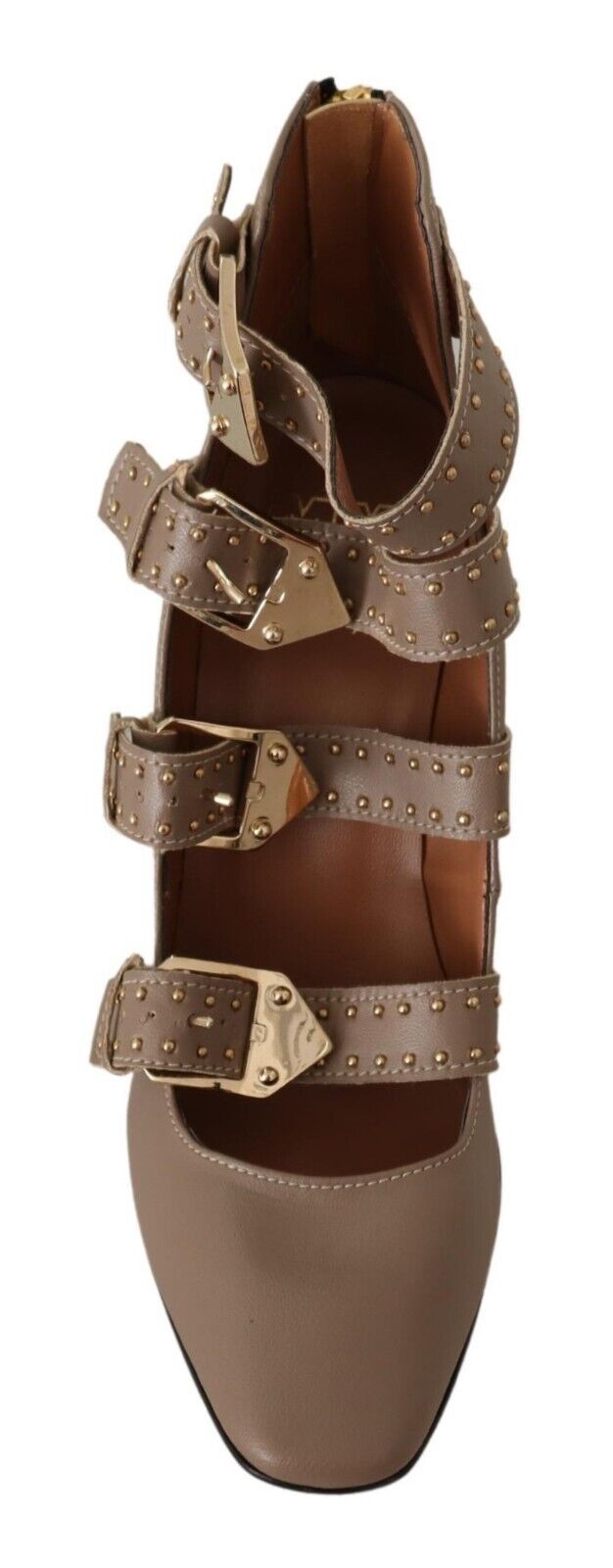 My Twin Brown Leather Block Heels Multi Buckle Pumps Shoes