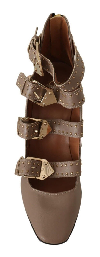 My Twin Brown Leather Block Heels Multi Buckle Pumps Shoes