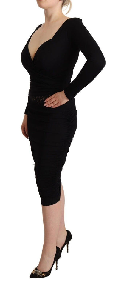 Black Long Sleeves Sweetheart Neck Midi Dress