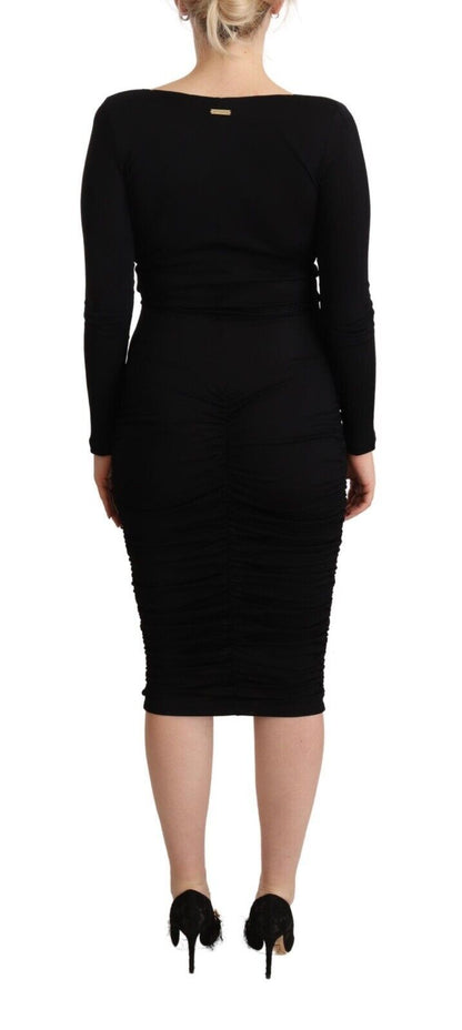 Black Long Sleeves Sweetheart Neck Midi Dress