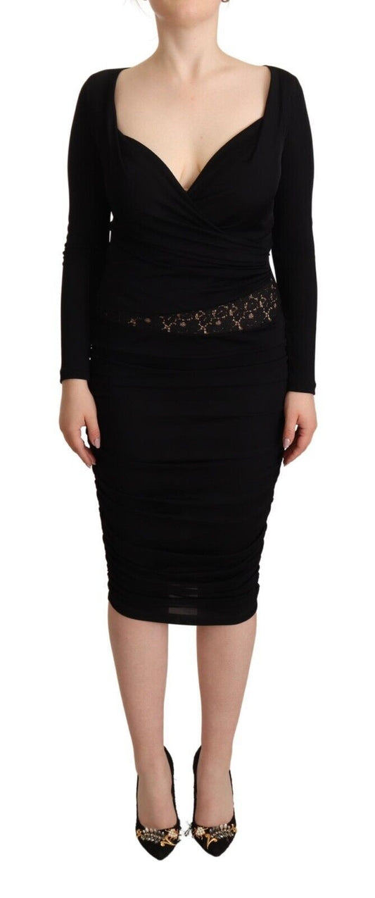 Black Long Sleeves Sweetheart Neck Midi Dress