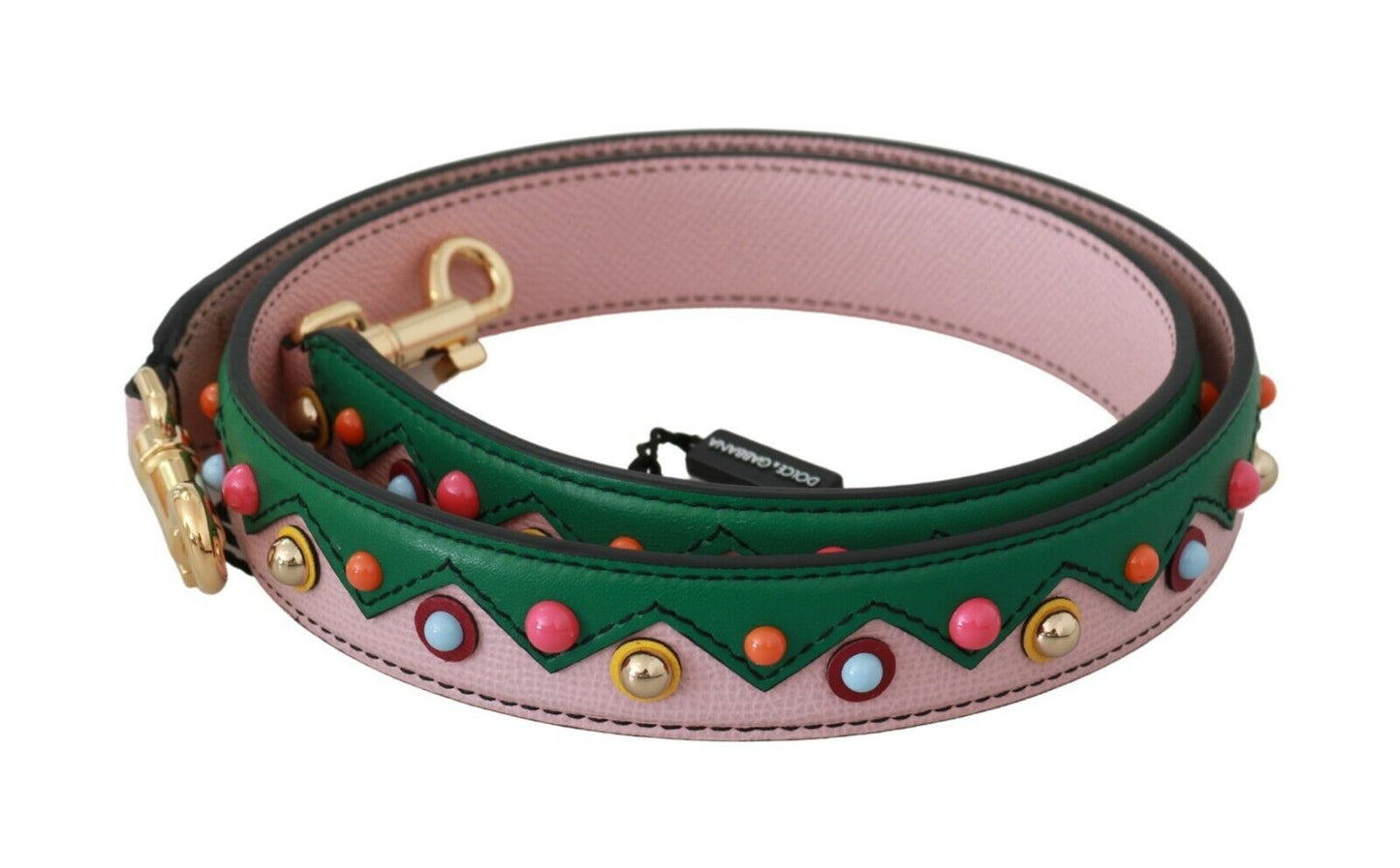 Shoulder Strap by Dolce & Gabbana for men in leather & metal gold, green, multicolor & pink features a contemporary design, highlighting the distinctive style of the Leather Metal Shoulder Strap with a contemporary finish.