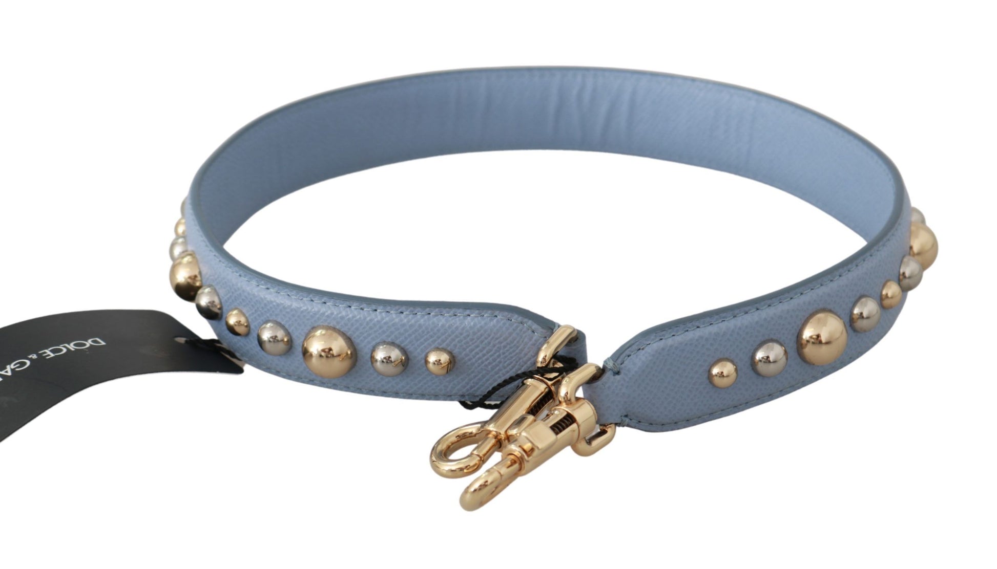 Shoulder Strap by Dolce & Gabbana for women in leather & metal blue & gold features a contemporary design, highlighting the distinctive style of the Leather Metal Shoulder Strap with a contemporary finish.
