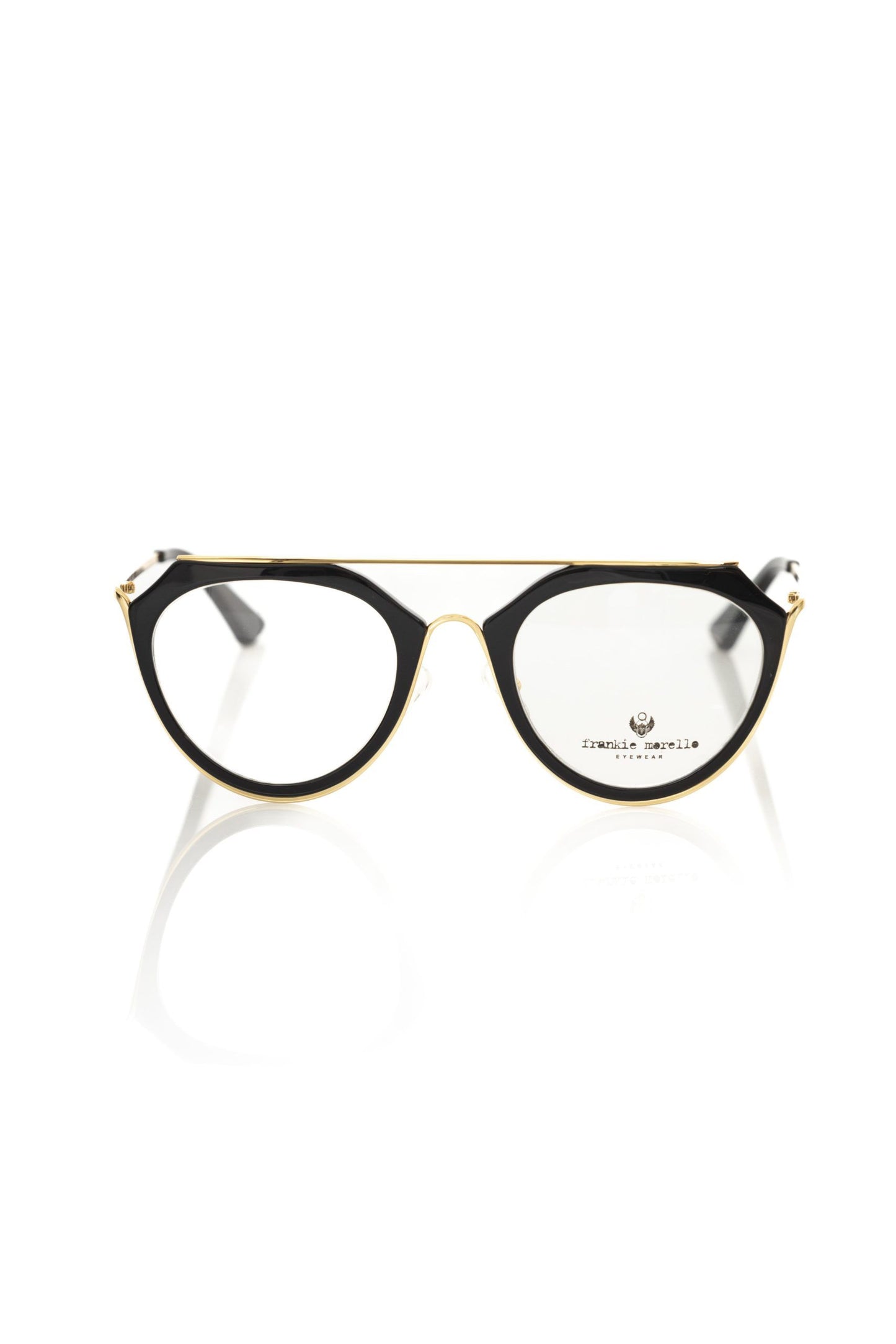 Eyeglasses Frames by Frankie Morello for women in cotton polyester black & gold showcases a reflective silhouette, artfully incorporating a sophisticated black coloured frame with a distinct .