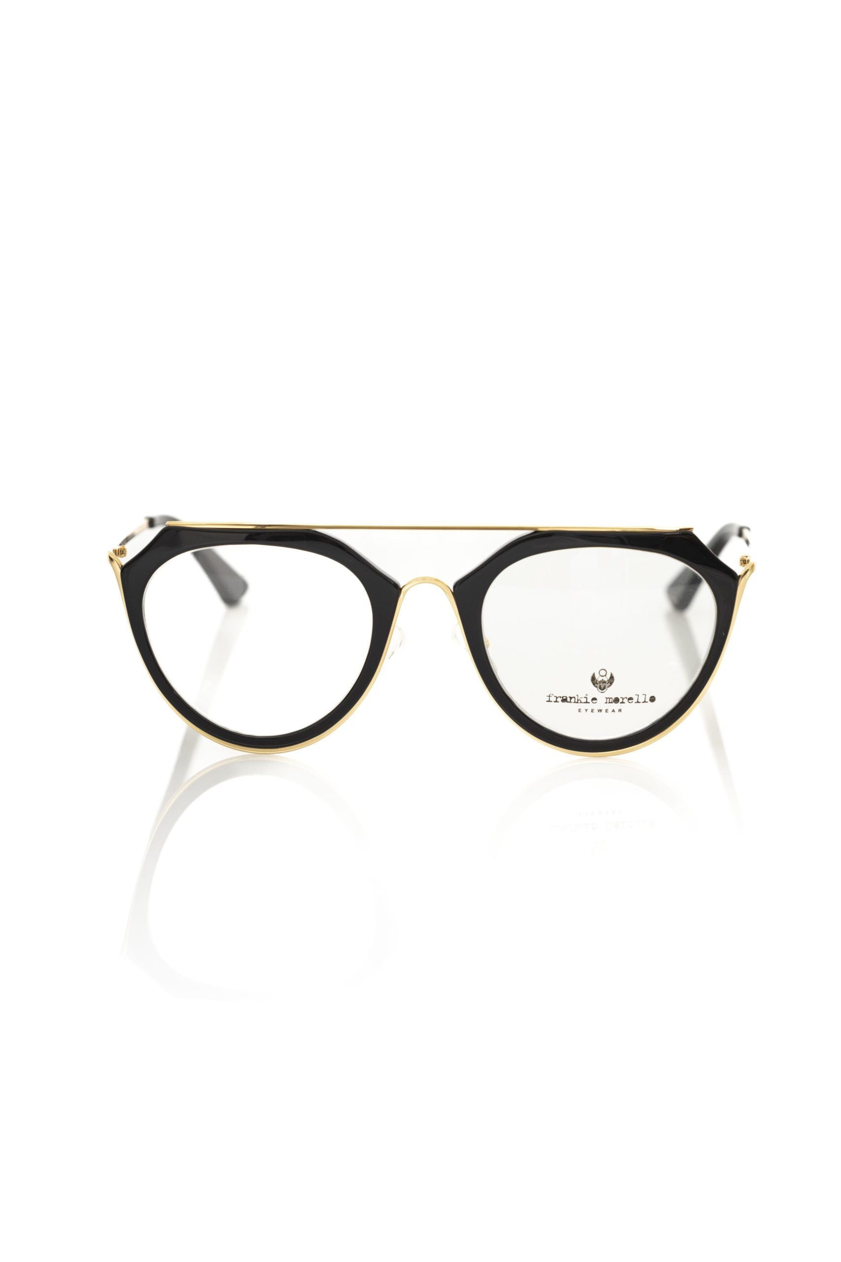 Eyeglasses Frames by Frankie Morello for women in cotton polyester black & gold showcases a reflective silhouette, artfully incorporating a sophisticated black coloured frame with a distinct .