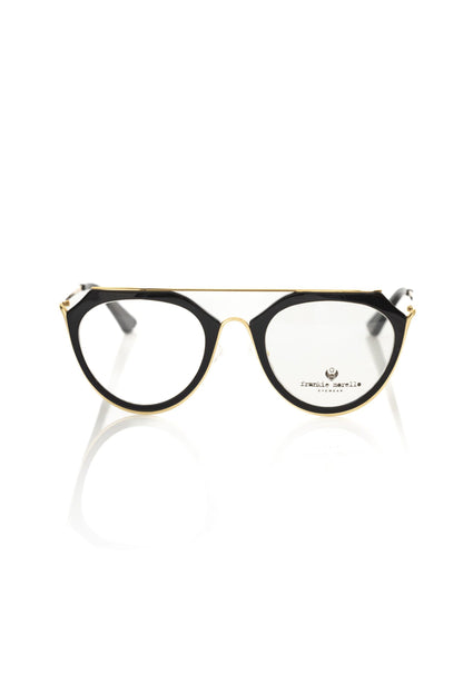 Eyeglasses Frames by Frankie Morello for women in cotton polyester black & gold showcases a reflective silhouette, artfully incorporating a sophisticated black coloured frame with a distinct .