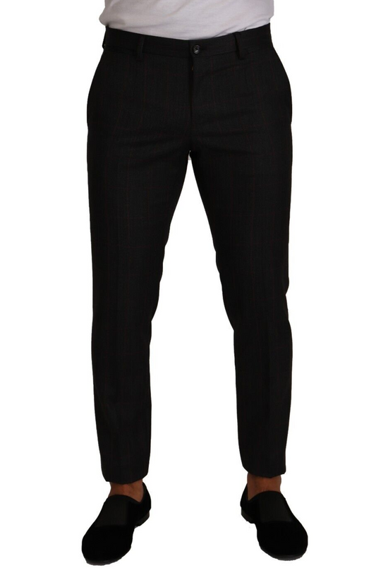 Trousers by Dolce & Gabbana for men in virgin wool gray, red & patterned features a artisanal silhouette, showcasing a sophisticated slim with a long and for a artisanal finish.