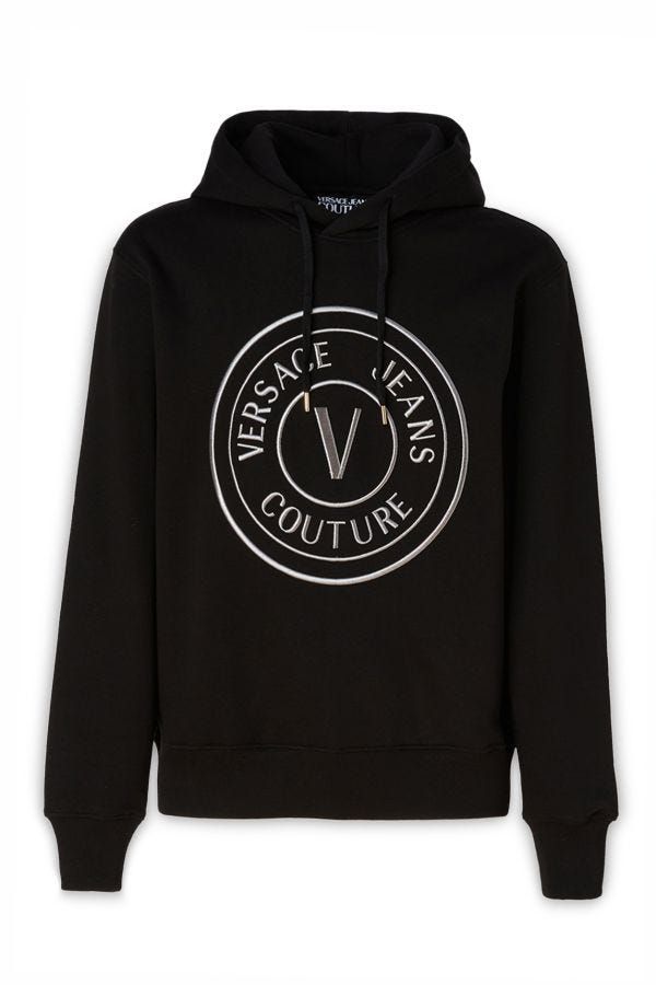 Sweatshirt Hoodie by Versace Jeans for men in cotton black features an avant-garde silhouette, showcasing a sophisticated hooded neckline and detail for a truly avant-garde finish.