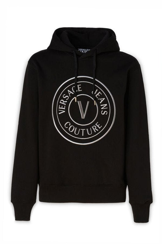 Sweatshirt Hoodie by Versace Jeans for men in cotton black features an avant-garde silhouette, showcasing a sophisticated hooded neckline and detail for a truly avant-garde finish.