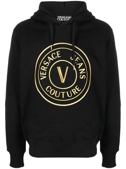Sweatshirt Hoodie by Versace Jeans for men in cotton black showcases a city-ready silhouette, artfully detailed with a signature hooded neckline and for a city-ready finish.