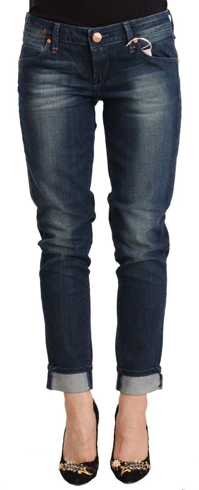 Acht Women's Blue Washed Low Waist Skinny Denim Folded Hem Jeans