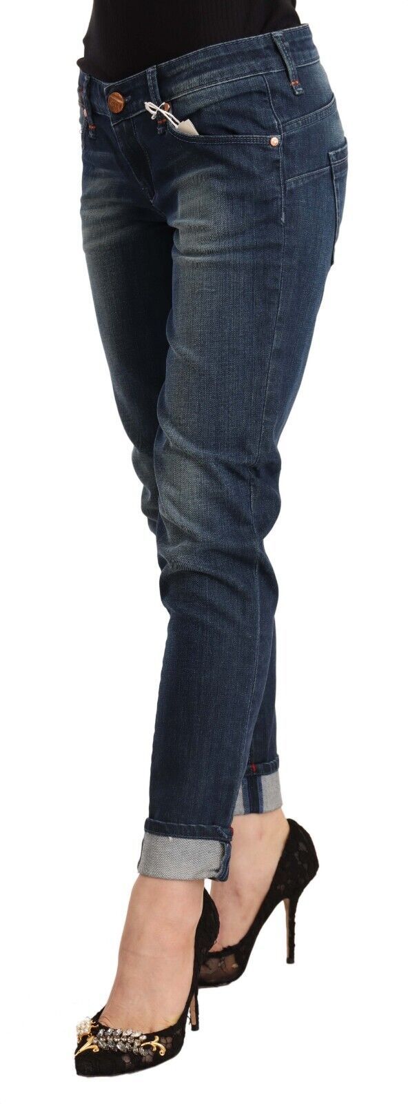 Acht Women's Blue Washed Low Waist Skinny Denim Folded Hem Jeans
