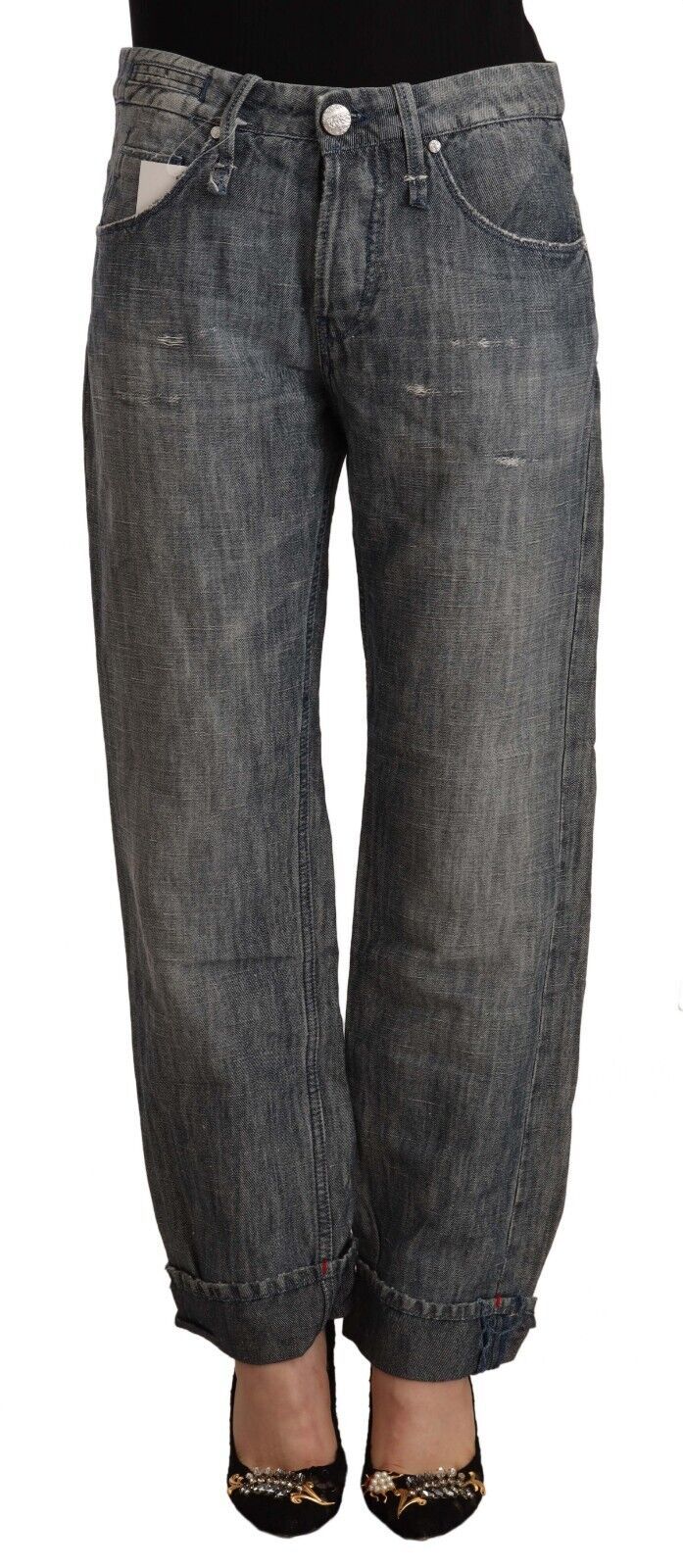 Acht Women's Grey Washed Ramie Straight Denim Folded Hem Jeans