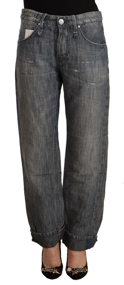Acht Women's Grey Washed Ramie Straight Denim Folded Hem Jeans