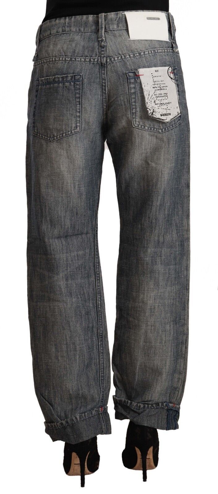 Acht Women's Grey Washed Ramie Straight Denim Folded Hem Jeans